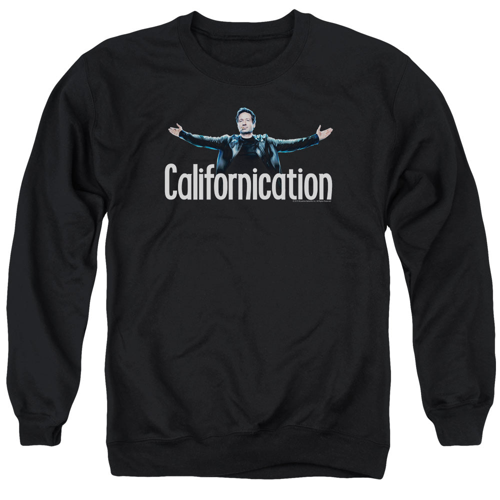 AN OFFCIALLY LICENSED CALIFORNICATION OUTSTRETCHED ADULT UNISEX CREWNECK SWEATSHIRT BLACK