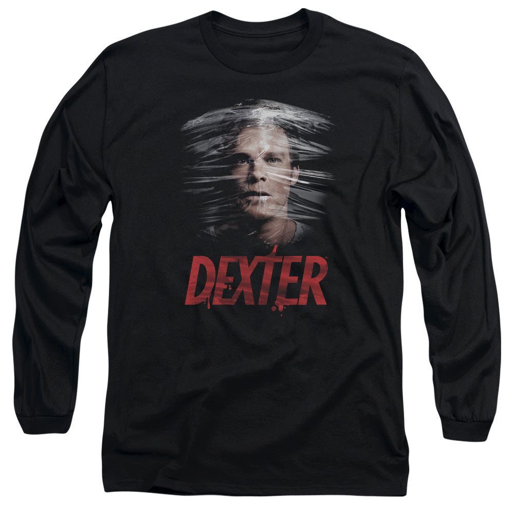 AN OFFCIALLY LICENSED DEXTER PLASTIC WRAP MEN'S LONG SLEEVE T-SHIRT BLACK