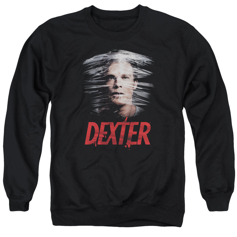AN OFFCIALLY LICENSED DEXTER PLASTIC WRAP ADULT UNISEX CREWNECK SWEATSHIRT BLACK