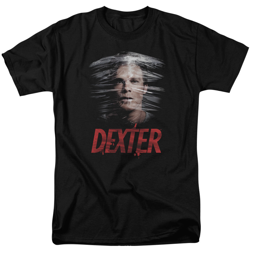 AN OFFCIALLY LICENSED DEXTER PLASTIC WRAP MEN'S REGULAR FIT T-SHIRT BLACK