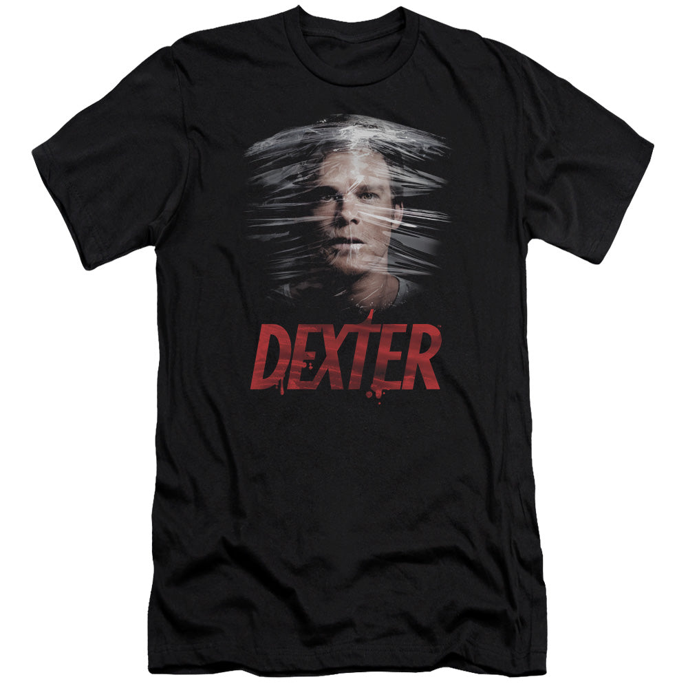 AN OFFCIALLY LICENSED DEXTER PLASTIC WRAP MEN'S PREMIUM SLIM FIT T-SHIRT BLACK