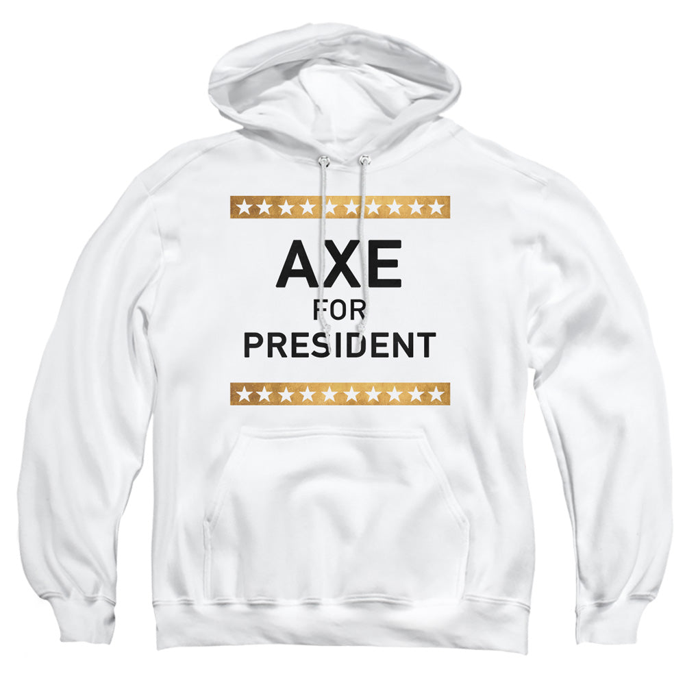 AN OFFCIALLY LICENSED BILLIONS AXE FOR PRESIDENT ADULT UNISEX PULLOVER HOODIE WHITE