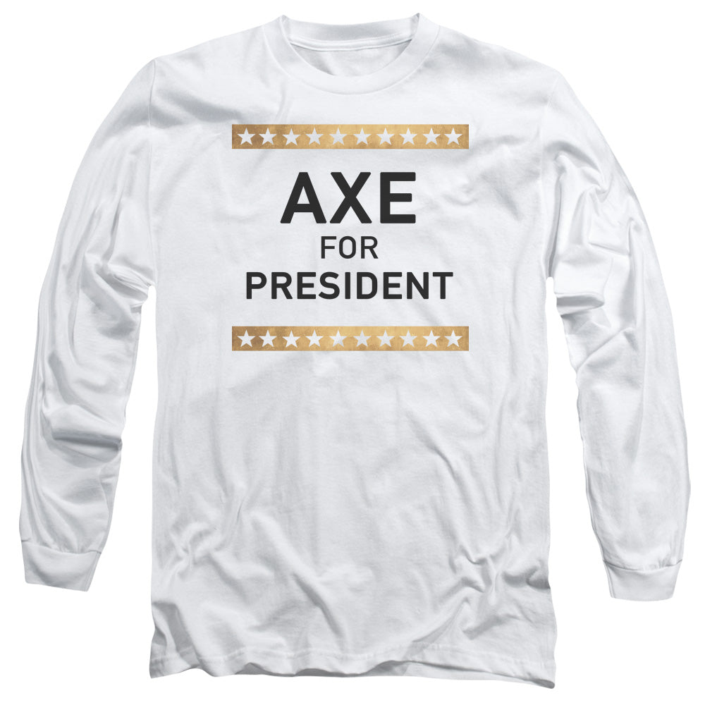AN OFFCIALLY LICENSED BILLIONS AXE FOR PRESIDENT MEN'S LONG SLEEVE T-SHIRT WHITE