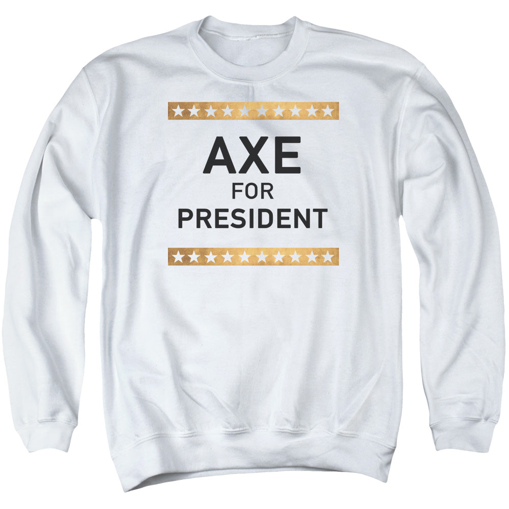 AN OFFCIALLY LICENSED BILLIONS AXE FOR PRESIDENT ADULT UNISEX CREWNECK SWEATSHIRT WHITE