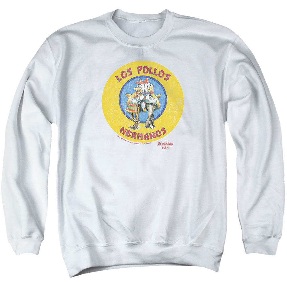AN OFFCIALLY LICENSED BREAKING BAD LOS POLLOS HERMANOS ADULT UNISEX CREWNECK SWEATSHIRT WHITE