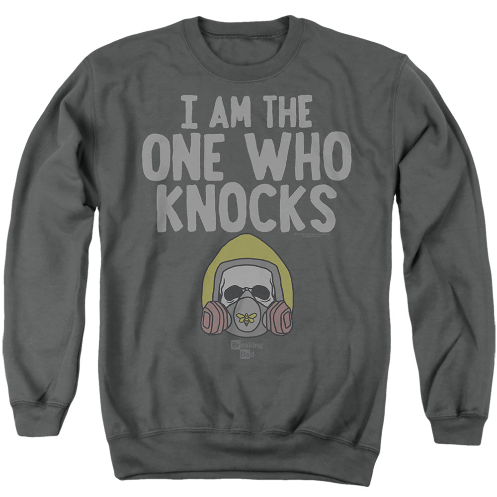 AN OFFCIALLY LICENSED BREAKING BAD I AM THE ONE WHO KNOCKS ADULT UNISEX CREWNECK SWEATSHIRT CHARCOAL