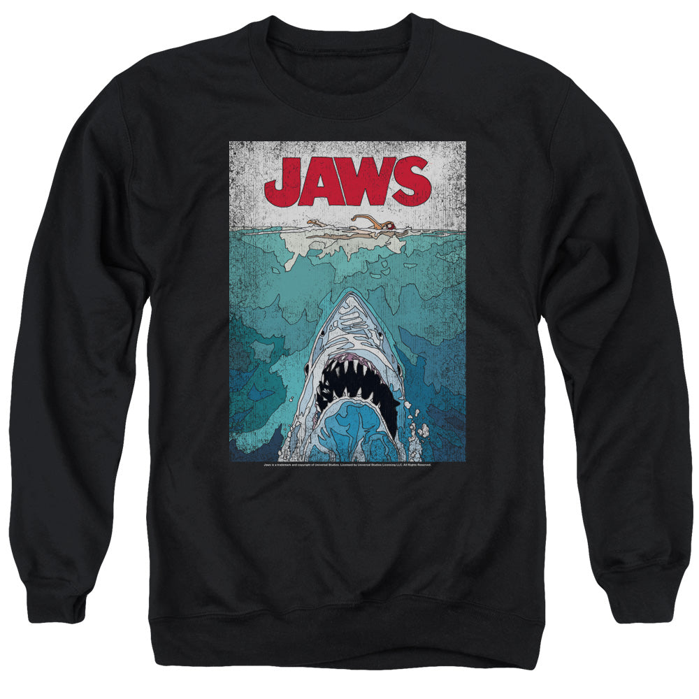 AN OFFCIALLY LICENSED JAWS LINED POSTER ADULT UNISEX CREWNECK SWEATSHIRT BLACK