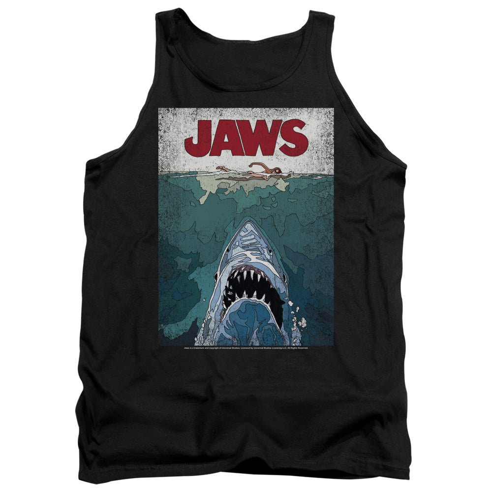AN OFFCIALLY LICENSED JAWS LINED POSTER ADULT UNISEX TANK TOP BLACK