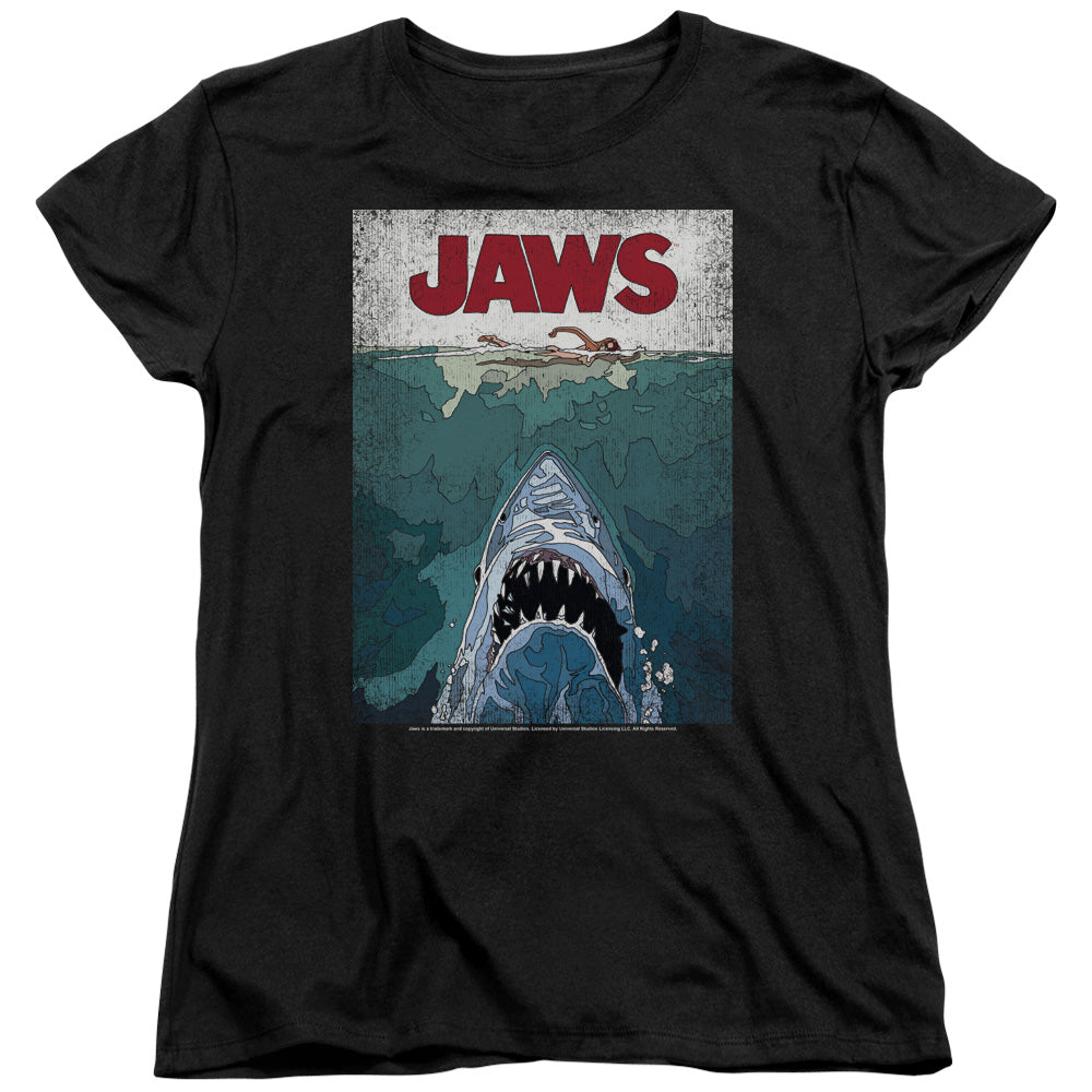 AN OFFCIALLY LICENSED JAWS LINED POSTER WOMEN'S REGULAR FIT T-SHIRT BLACK