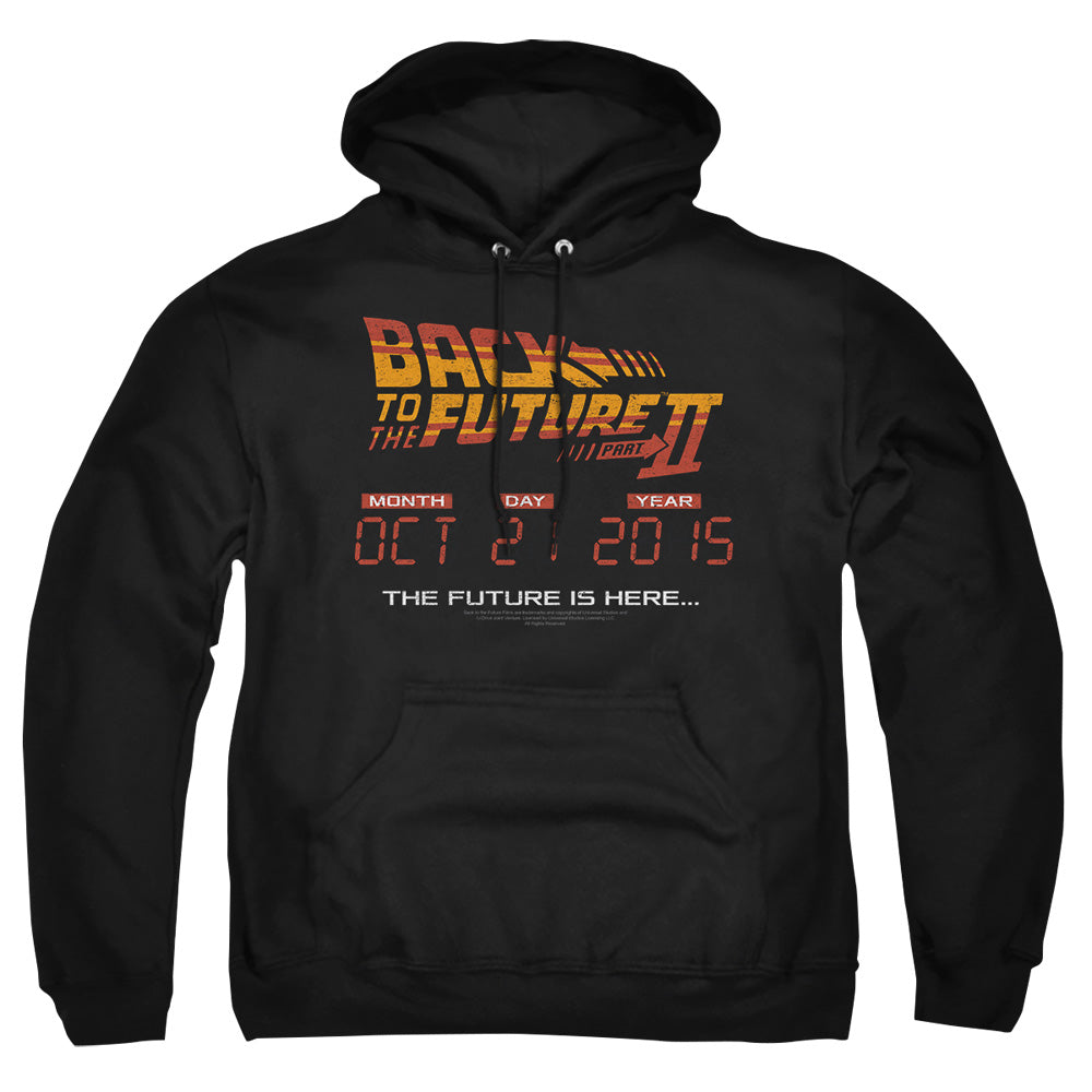 AN OFFCIALLY LICENSED BACK TO THE FUTURE II FUTURE IS HERE ADULT UNISEX PULLOVER HOODIE BLACK