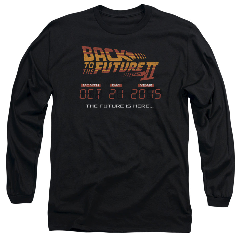 AN OFFCIALLY LICENSED BACK TO THE FUTURE II FUTURE IS HERE MEN'S LONG SLEEVE T-SHIRT BLACK