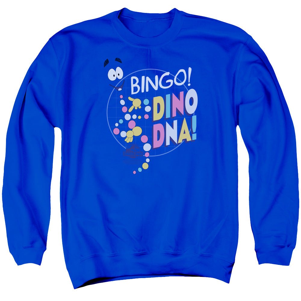 AN OFFCIALLY LICENSED JURASSIC PARK BINGO DINO DNA ADULT UNISEX CREWNECK SWEATSHIRT ROYAL