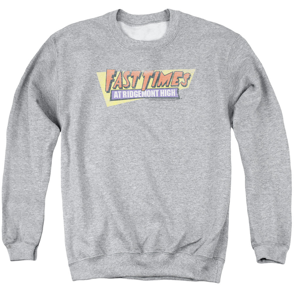 AN OFFCIALLY LICENSED FAST TIMES RIDGEMONT HIGH DISTRESSED LOGO ADULT UNISEX CREWNECK SWEATSHIRT ATHLETIC HEATHER
