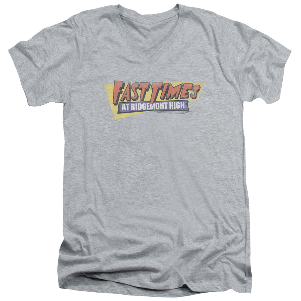 AN OFFCIALLY LICENSED FAST TIMES RIDGEMONT HIGH DISTRESSED LOGO MEN'S V-NECK T-SHIRT ATHLETIC HEATHER