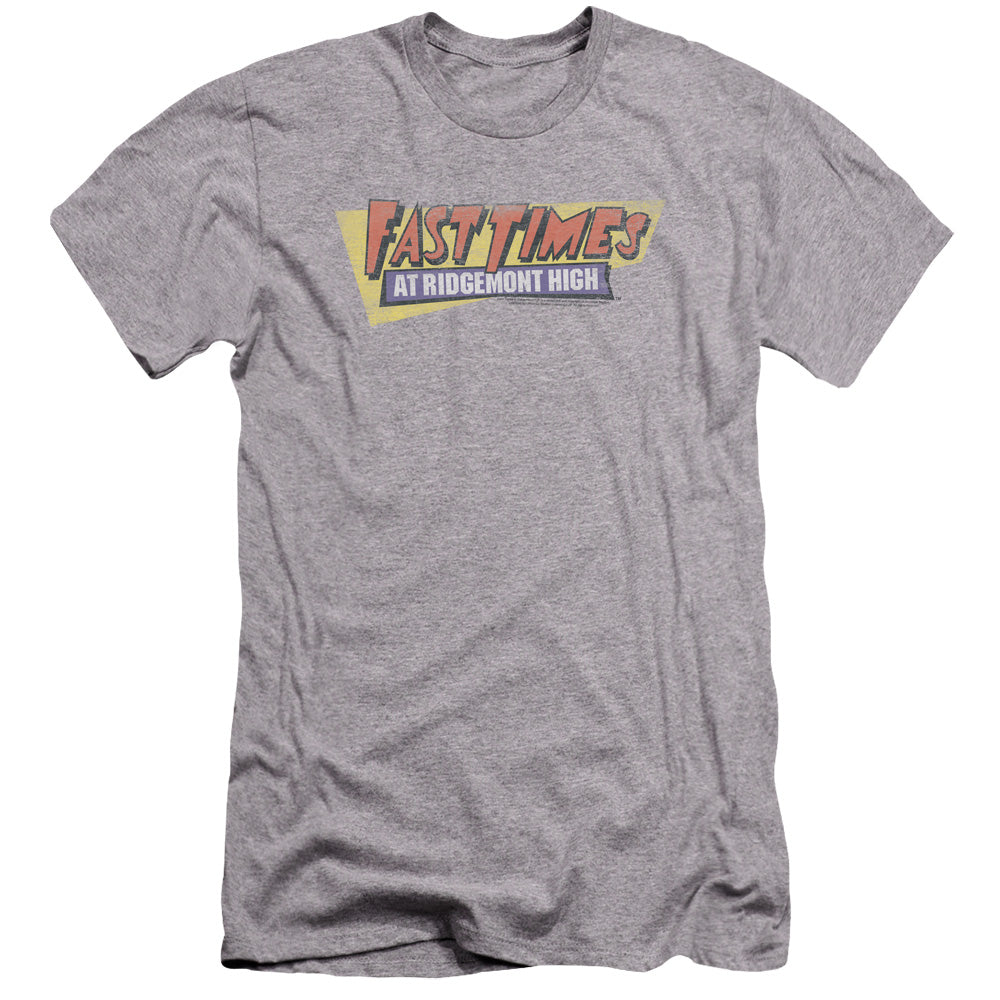 AN OFFCIALLY LICENSED FAST TIMES RIDGEMONT HIGH DISTRESSED LOGO MEN'S PREMIUM SLIM FIT T-SHIRT ATHLETIC HEATHER