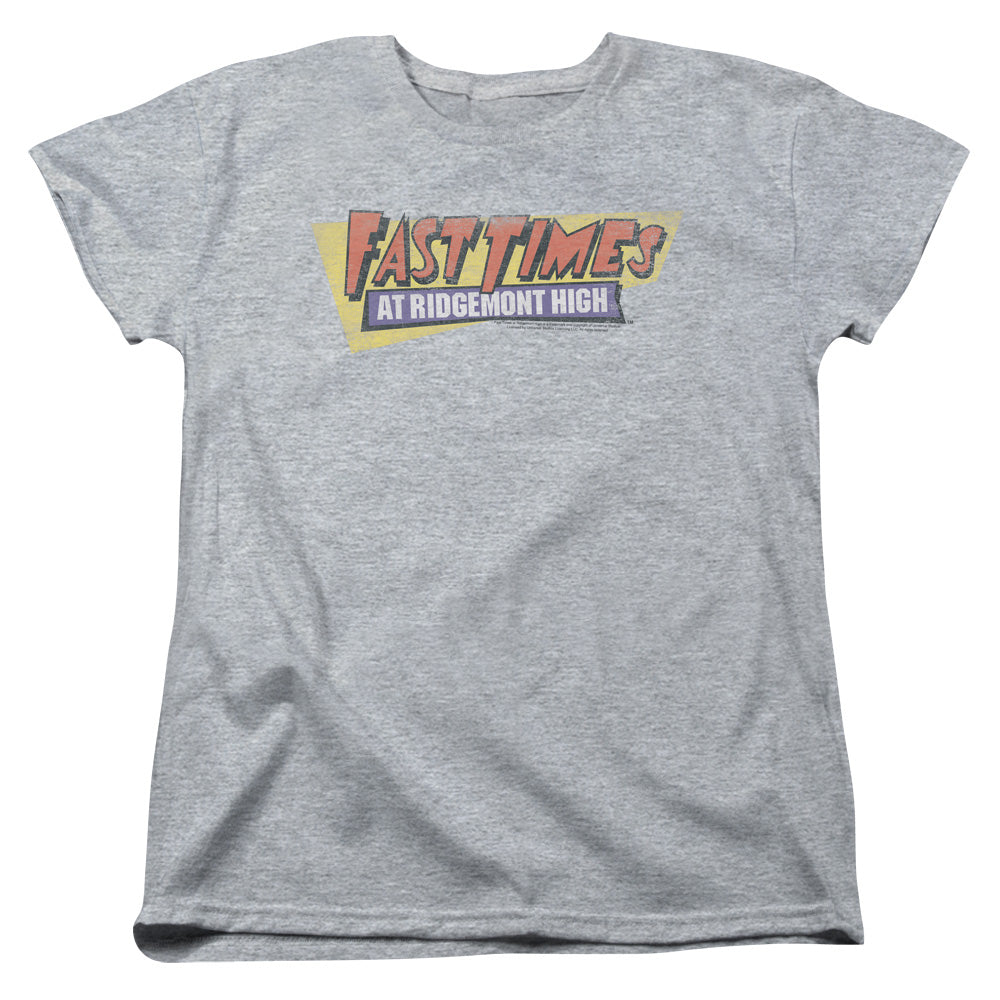 AN OFFCIALLY LICENSED FAST TIMES RIDGEMONT HIGH DISTRESSED LOGO WOMEN'S REGULAR FIT T-SHIRT ATHLETIC HEATHER