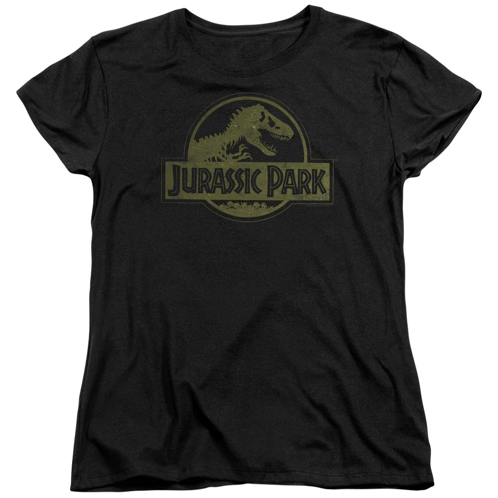 AN OFFCIALLY LICENSED JURASSIC PARK DISTRESSED LOGO WOMEN'S REGULAR FIT T-SHIRT BLACK