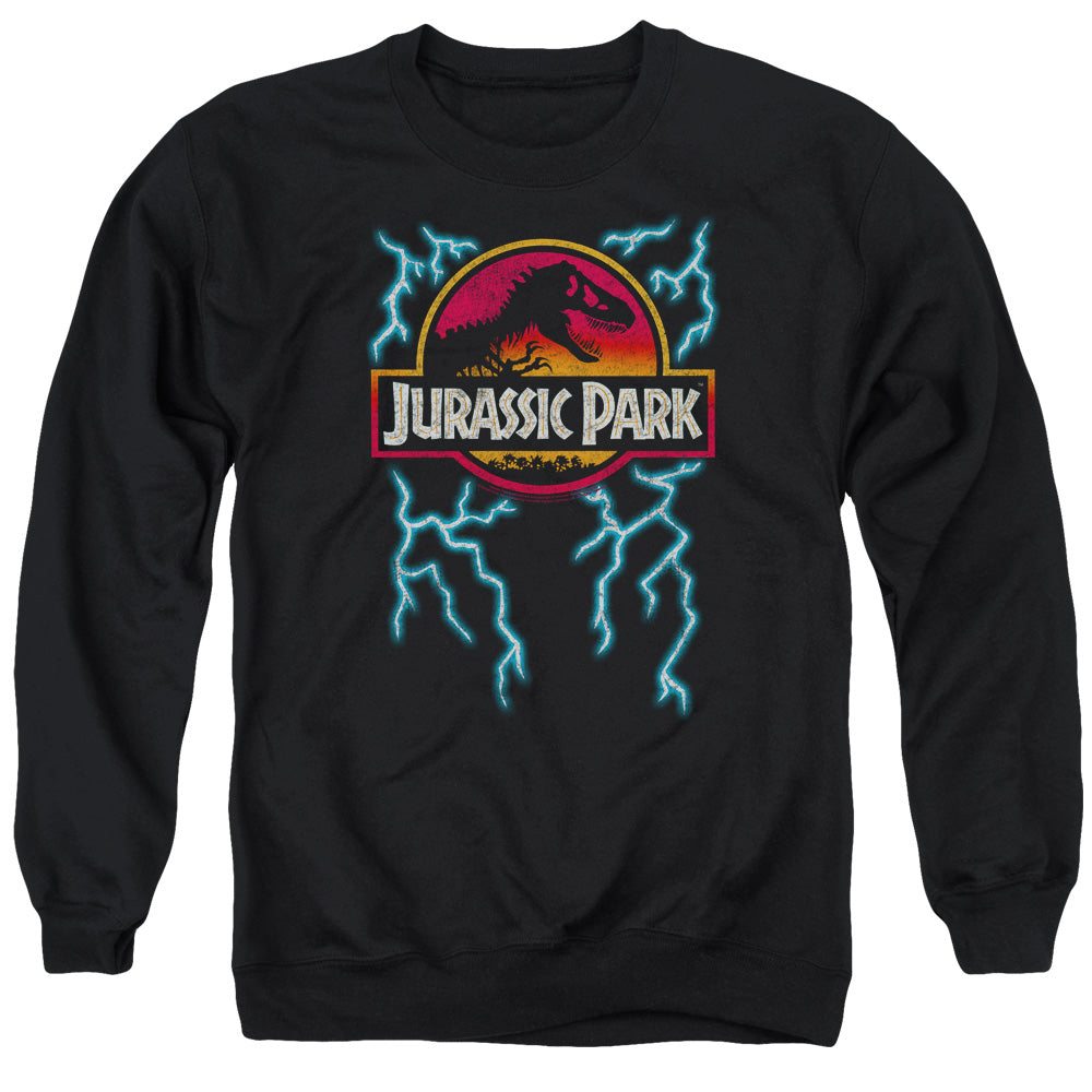 AN OFFCIALLY LICENSED JURASSIC PARK LIGHTNING LOGO ADULT UNISEX CREWNECK SWEATSHIRT BLACK