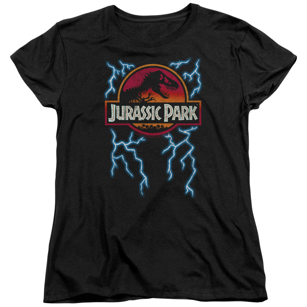 AN OFFCIALLY LICENSED JURASSIC PARK LIGHTNING LOGO WOMEN'S REGULAR FIT T-SHIRT BLACK