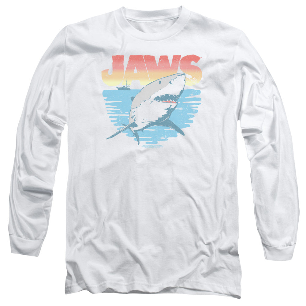 AN OFFCIALLY LICENSED JAWS COOL WAVES MEN'S LONG SLEEVE T-SHIRT WHITE