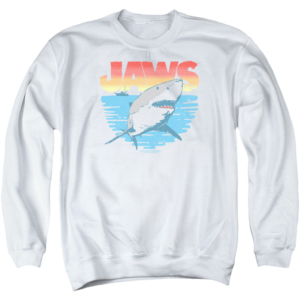 AN OFFCIALLY LICENSED JAWS COOL WAVES ADULT UNISEX CREWNECK SWEATSHIRT WHITE