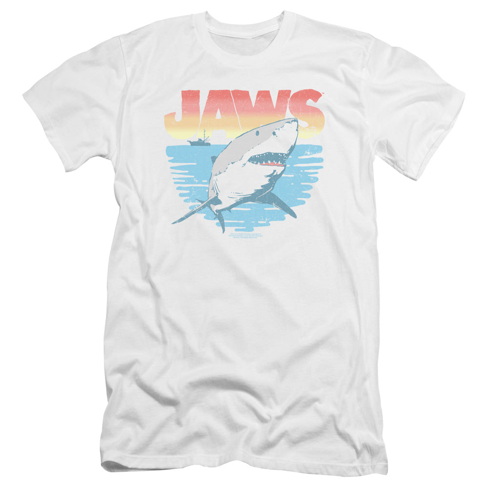 AN OFFCIALLY LICENSED JAWS COOL WAVES MEN'S PREMIUM SLIM FIT T-SHIRT WHITE