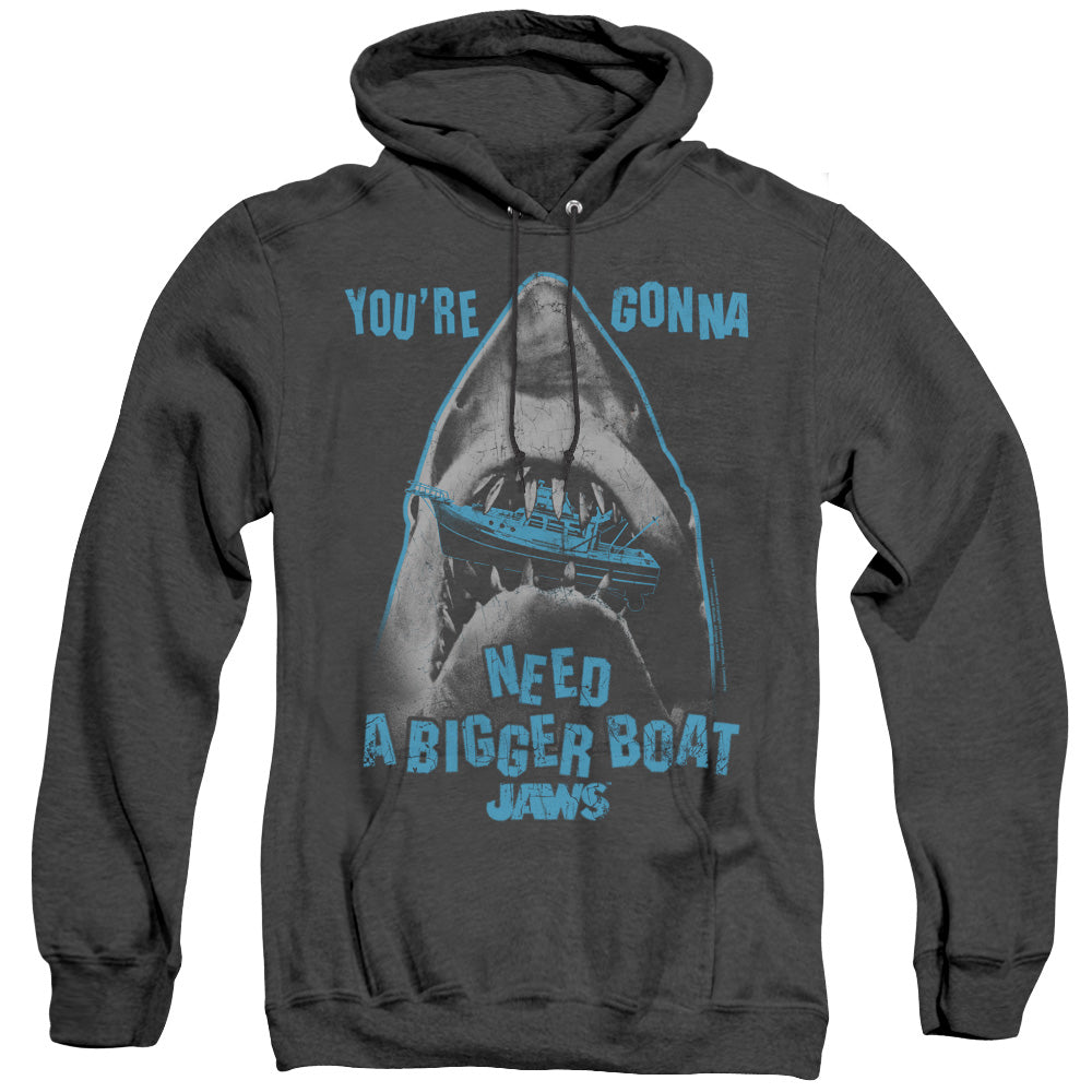 AN OFFCIALLY LICENSED JAWS BOAT IN MOUTH ADULT UNISEX HEATHER PULLOVER HOODIE BLACK
