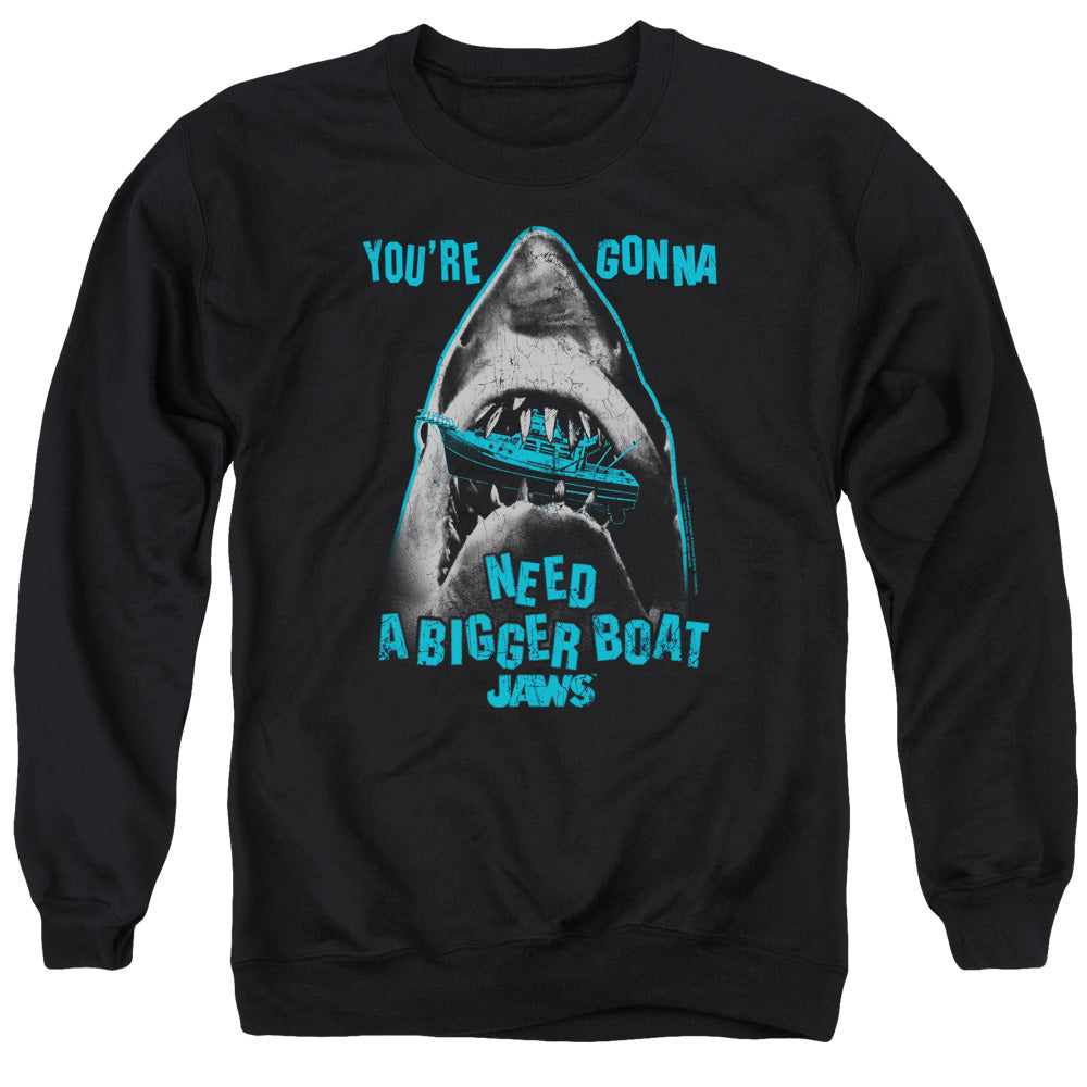 AN OFFCIALLY LICENSED JAWS BOAT IN MOUTH ADULT UNISEX CREWNECK SWEATSHIRT BLACK