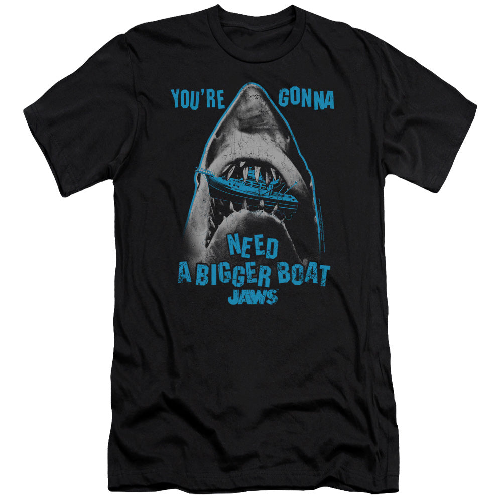 AN OFFCIALLY LICENSED JAWS BOAT IN MOUTH MEN'S PREMIUM SLIM FIT T-SHIRT BLACK