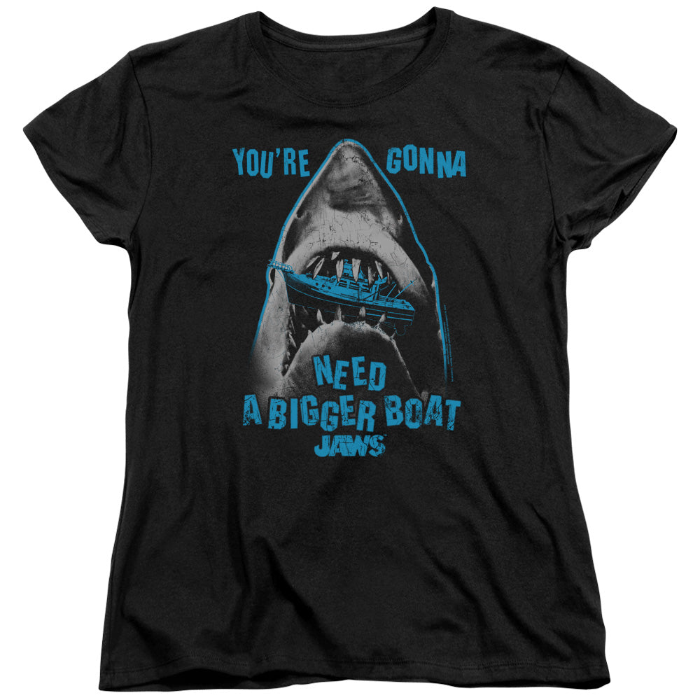 AN OFFCIALLY LICENSED JAWS BOAT IN MOUTH WOMEN'S REGULAR FIT T-SHIRT BLACK