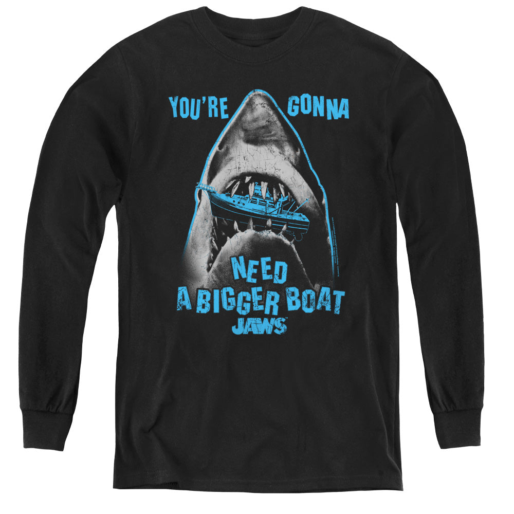 AN OFFCIALLY LICENSED JAWS BOAT IN MOUTH YOUTH LONG SLEEVE T-SHIRT BLACK