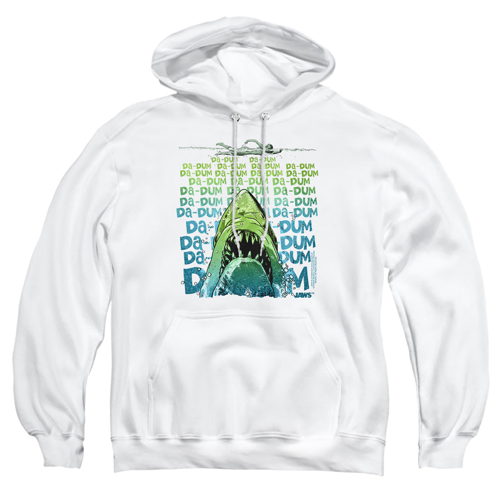 AN OFFCIALLY LICENSED JAWS DA DUM ADULT UNISEX PULLOVER HOODIE WHITE