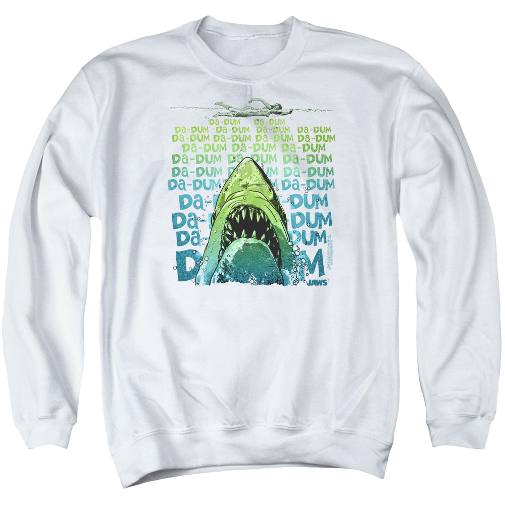 AN OFFCIALLY LICENSED JAWS DA DUM ADULT UNISEX CREWNECK SWEATSHIRT WHITE