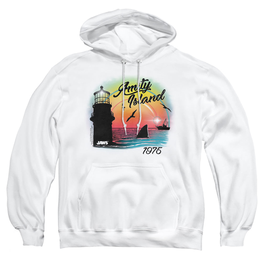 AN OFFCIALLY LICENSED JAWS AMITY ISLAND ADULT UNISEX PULLOVER HOODIE WHITE