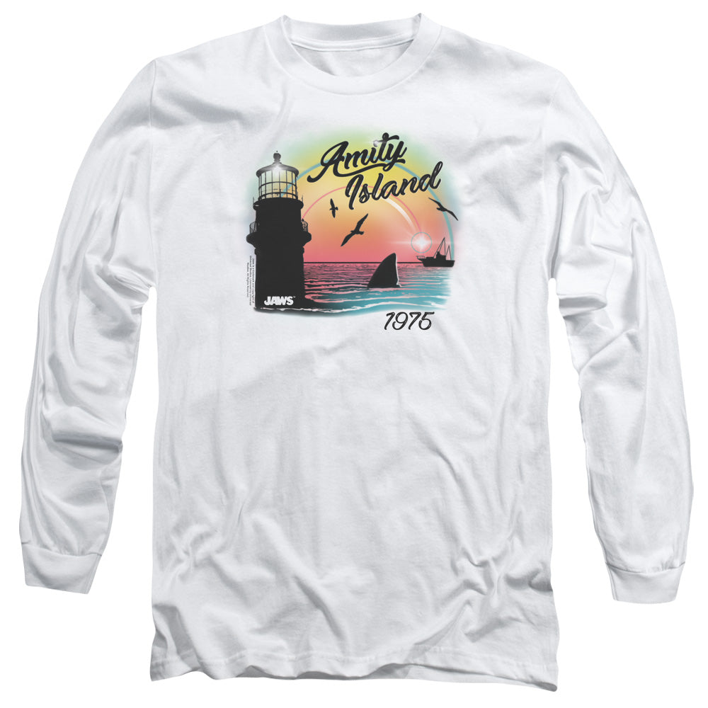 AN OFFCIALLY LICENSED JAWS AMITY ISLAND MEN'S LONG SLEEVE T-SHIRT WHITE