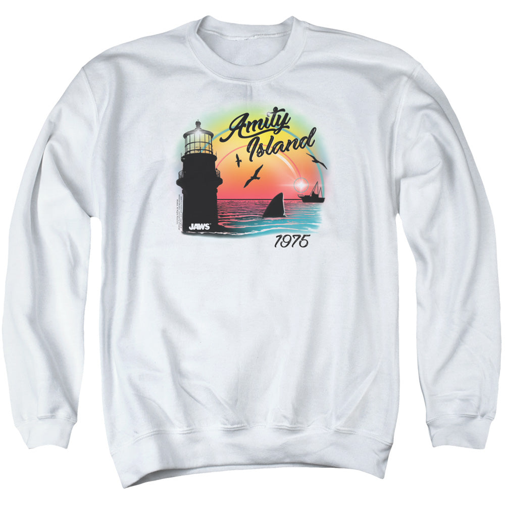 AN OFFCIALLY LICENSED JAWS AMITY ISLAND ADULT UNISEX CREWNECK SWEATSHIRT WHITE