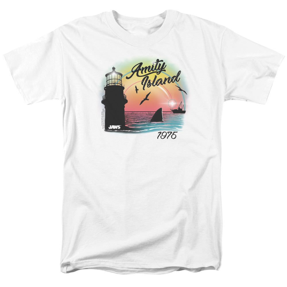 AN OFFCIALLY LICENSED JAWS AMITY ISLAND MEN'S REGULAR FIT T-SHIRT WHITE