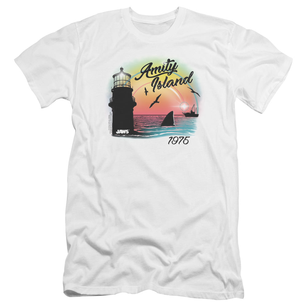 AN OFFCIALLY LICENSED JAWS AMITY ISLAND MEN'S PREMIUM SLIM FIT T-SHIRT WHITE