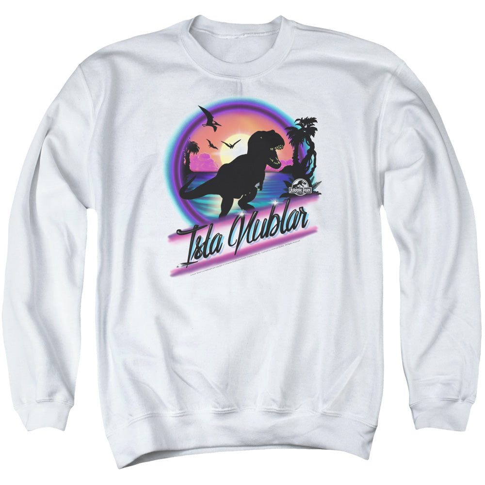 AN OFFCIALLY LICENSED JURASSIC PARK PREHISTORIC WALK ADULT UNISEX CREWNECK SWEATSHIRT WHITE