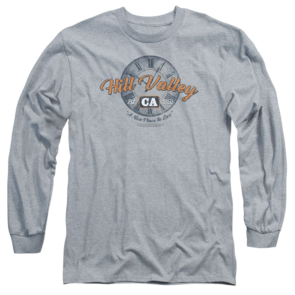 AN OFFCIALLY LICENSED BACK TO THE FUTURE HILL VALLEY MEN'S LONG SLEEVE T-SHIRT ATHLETIC HEATHER