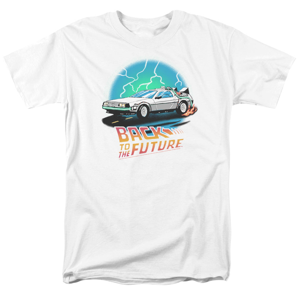 AN OFFCIALLY LICENSED BACK TO THE FUTURE BTTF AIRBRUSH MEN'S REGULAR FIT T-SHIRT WHITE