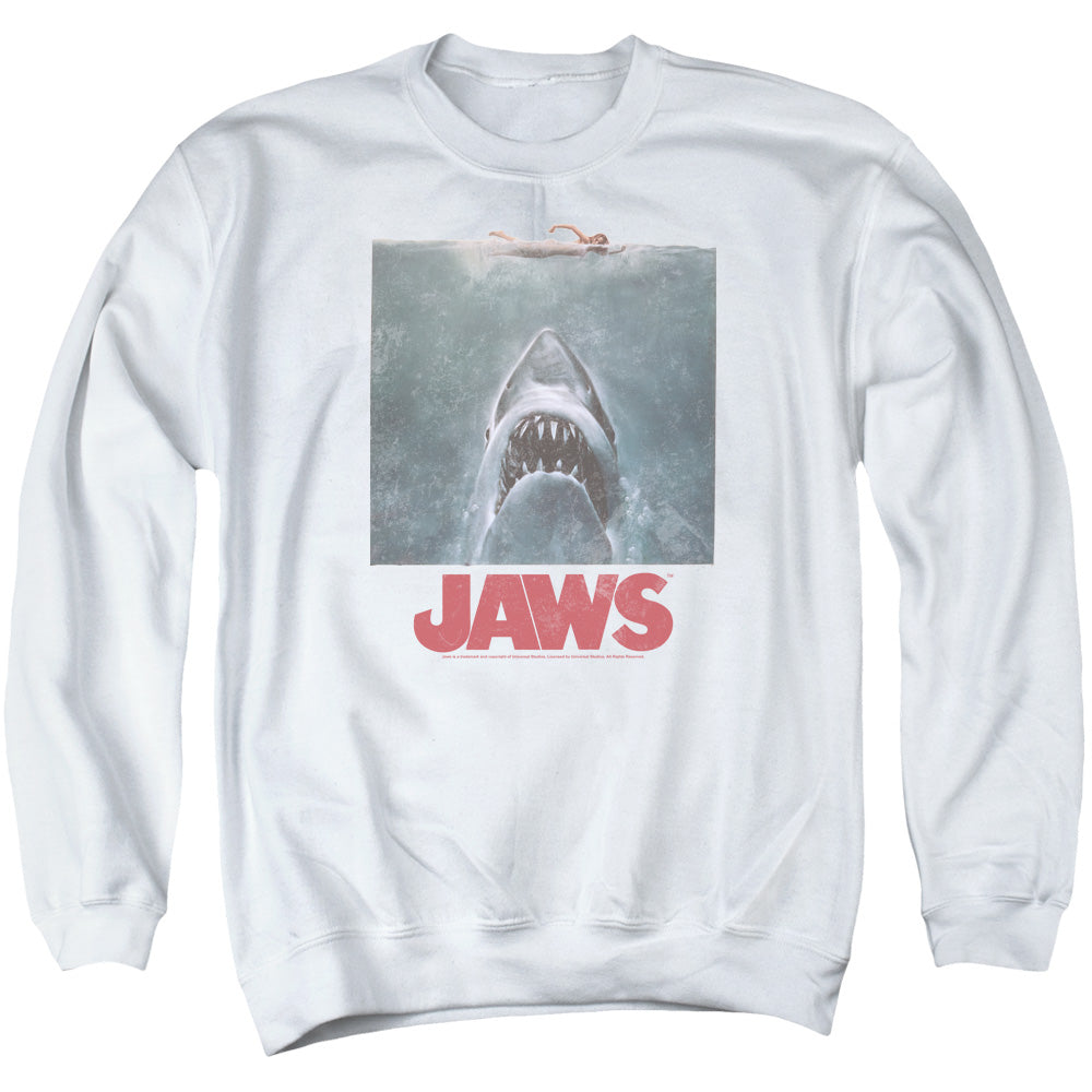 AN OFFCIALLY LICENSED JAWS DISTRESSED JAWS ADULT UNISEX CREWNECK SWEATSHIRT WHITE