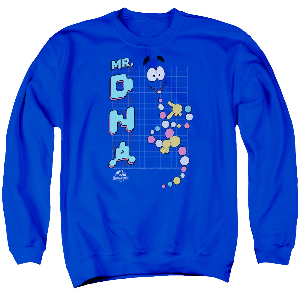 AN OFFCIALLY LICENSED JURASSIC PARK MR DNA ADULT UNISEX CREWNECK SWEATSHIRT ROYAL