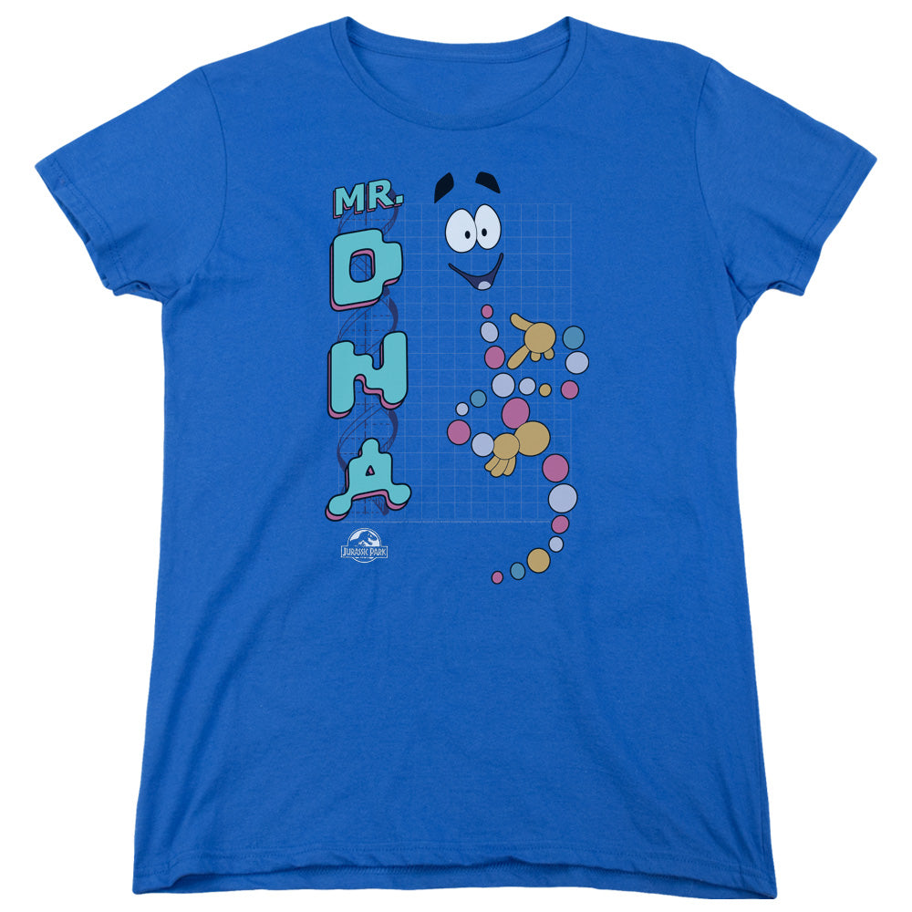 AN OFFCIALLY LICENSED JURASSIC PARK MR DNA WOMEN'S REGULAR FIT T-SHIRT ROYAL