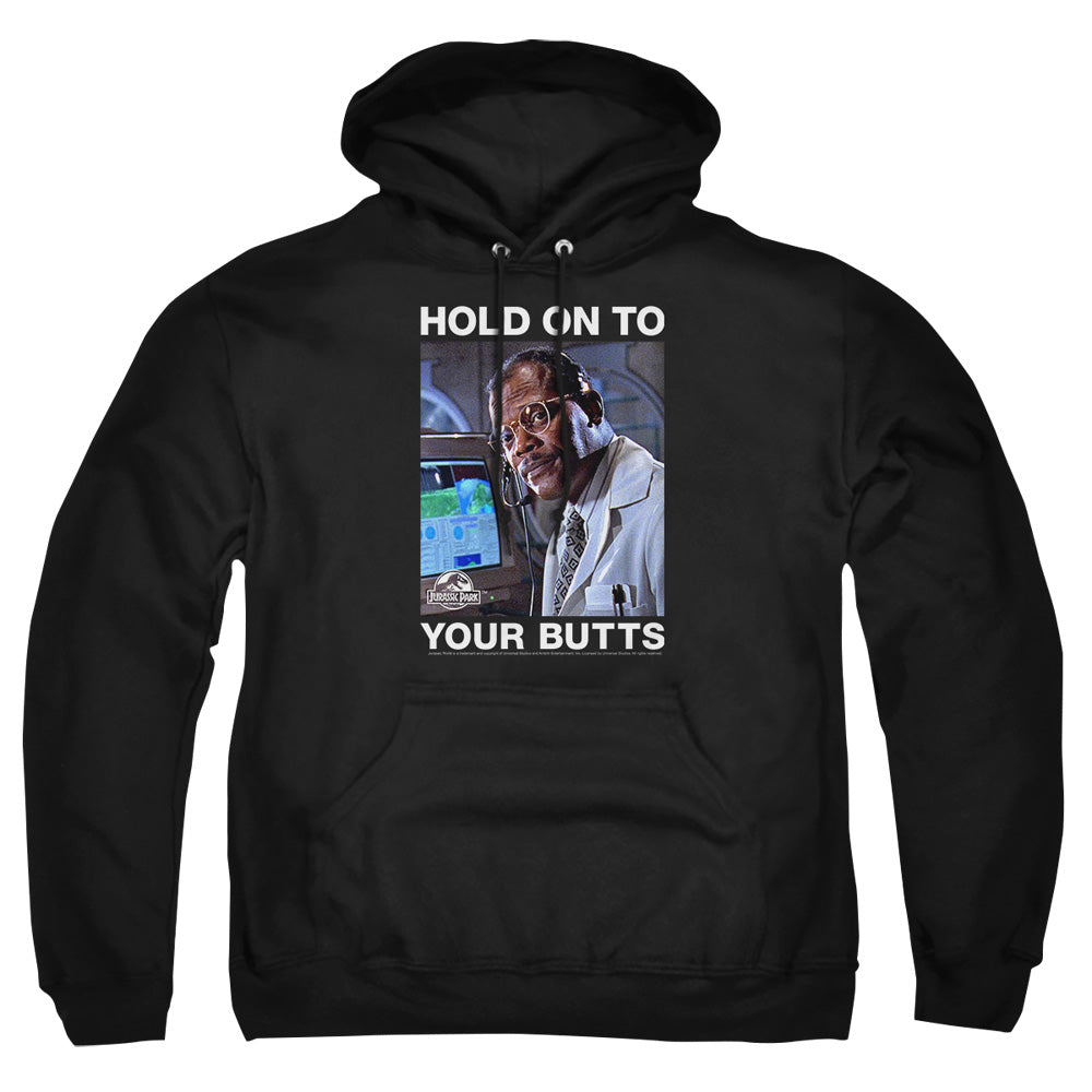 AN OFFCIALLY LICENSED JURASSIC PARK HOLD ONTO ADULT UNISEX PULLOVER HOODIE BLACK