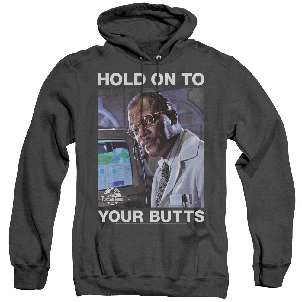 AN OFFCIALLY LICENSED JURASSIC PARK HOLD ONTO ADULT UNISEX HEATHER PULLOVER HOODIE BLACK