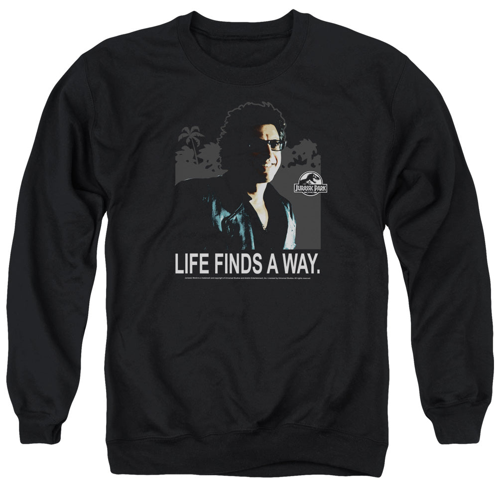 AN OFFCIALLY LICENSED JURASSIC PARK LIFE FINDS A WAY ADULT UNISEX CREWNECK SWEATSHIRT BLACK