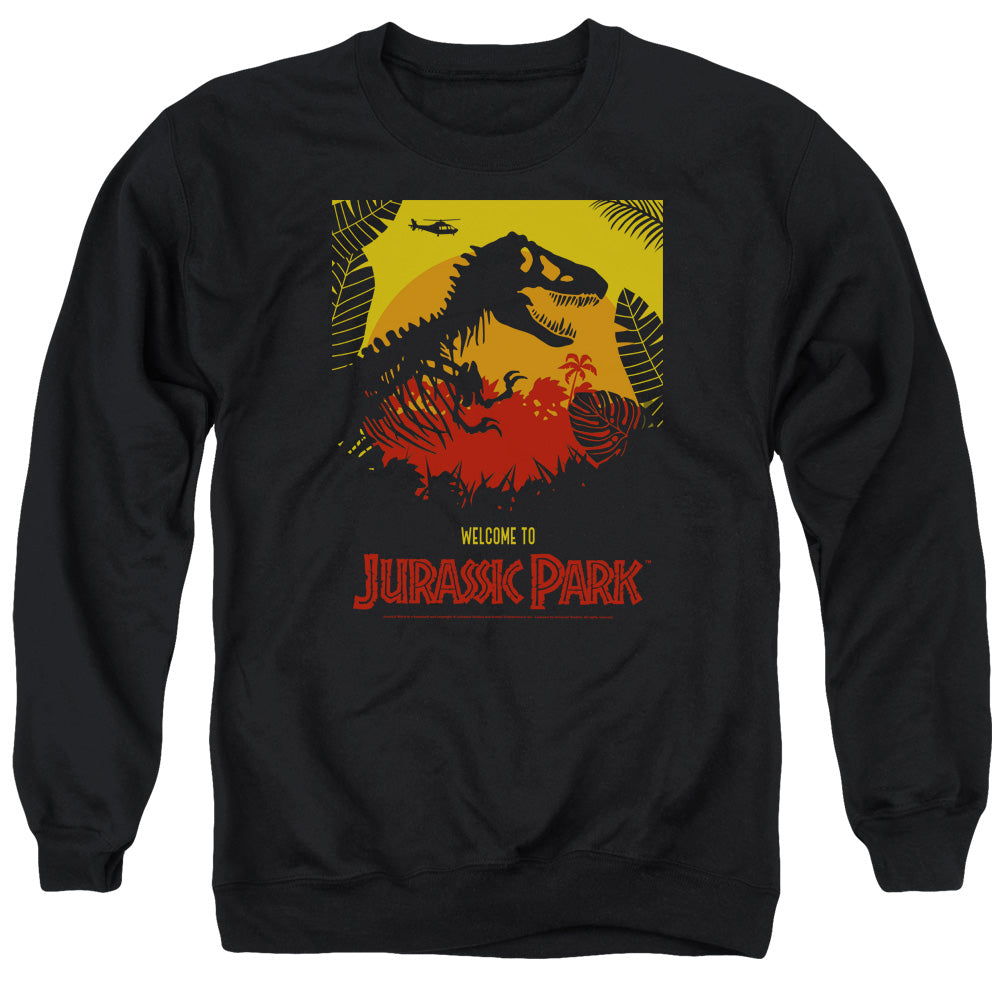 AN OFFCIALLY LICENSED JURASSIC PARK WELCOME TO JP ADULT UNISEX CREWNECK SWEATSHIRT BLACK