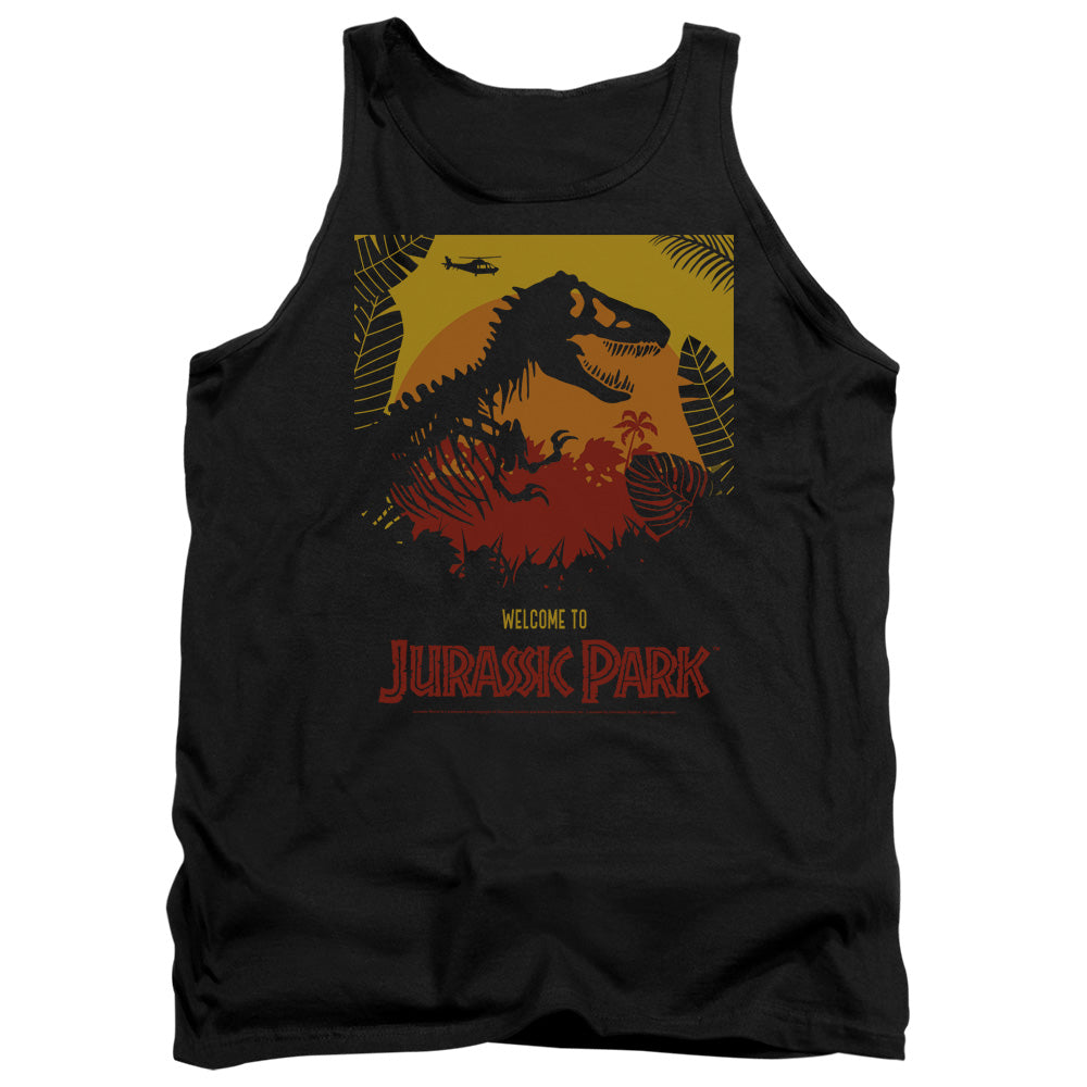 AN OFFCIALLY LICENSED JURASSIC PARK WELCOME TO JP ADULT UNISEX TANK TOP BLACK