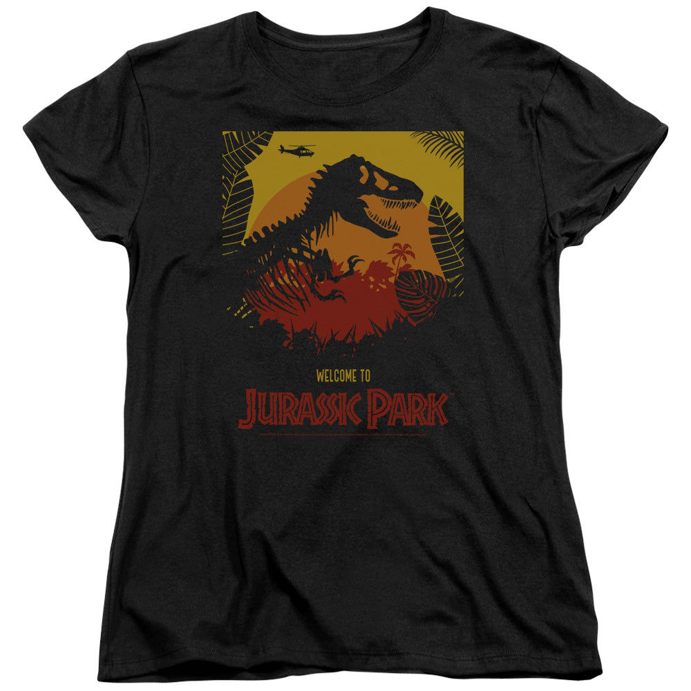 AN OFFCIALLY LICENSED JURASSIC PARK WELCOME TO JP WOMEN'S REGULAR FIT T-SHIRT BLACK